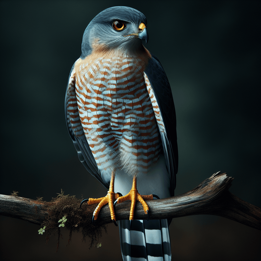 A medium-sized hawk perched on a branch showing blue-gray upperparts, rusty-orange barred breast and belly, bright orange-yellow eyes, and a long tail with distinct dark bands and white tip