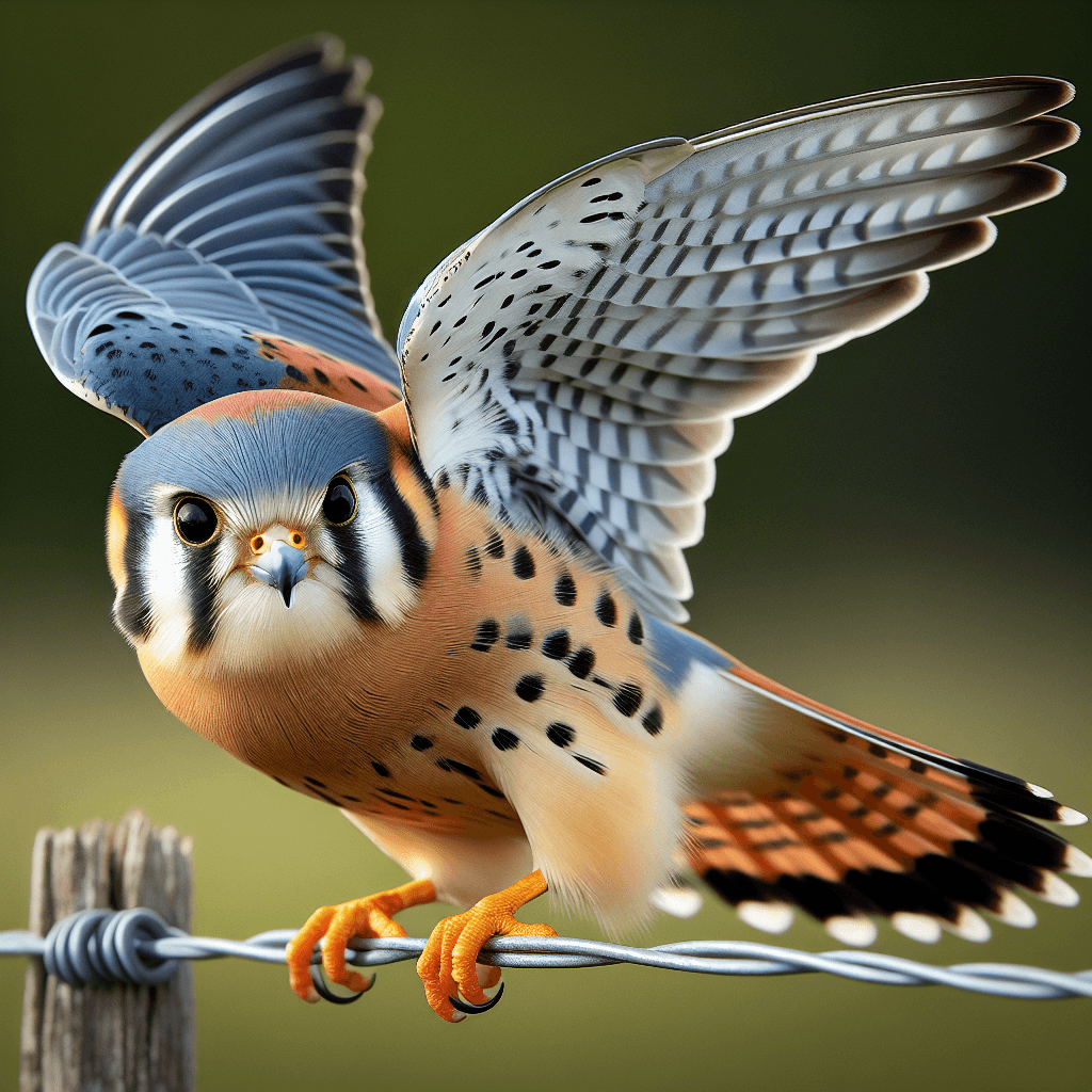 A small, colorful falcon perched on a wire post, showing distinctive black facial stripes on white cheeks, rusty-red back and tail, and blue-gray wings in males, with a compact raptor body and sharp, hooked beak