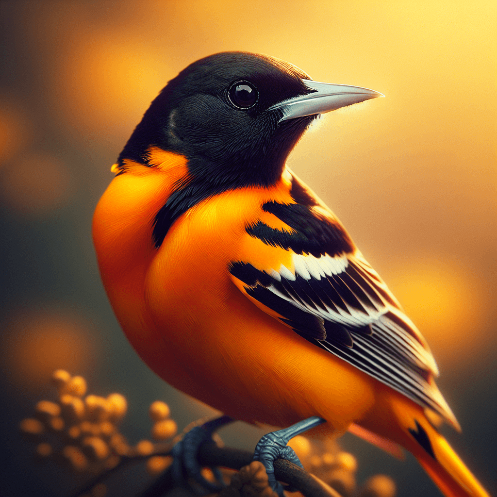 A male Baltimore Oriole perched on a branch, showing bright orange breast and belly, jet black head and back, black wings with white wing bars, and a sharp pointed black bill