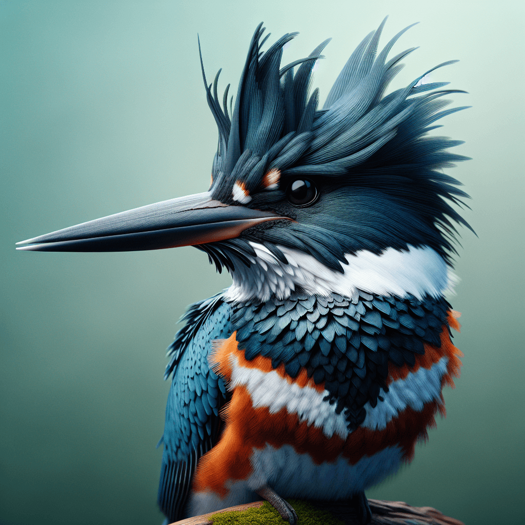 A blue-gray and white bird with a large shaggy crest and long pointed bill perched near water, showing the distinctive breast band and stocky build characteristic of kingfishers