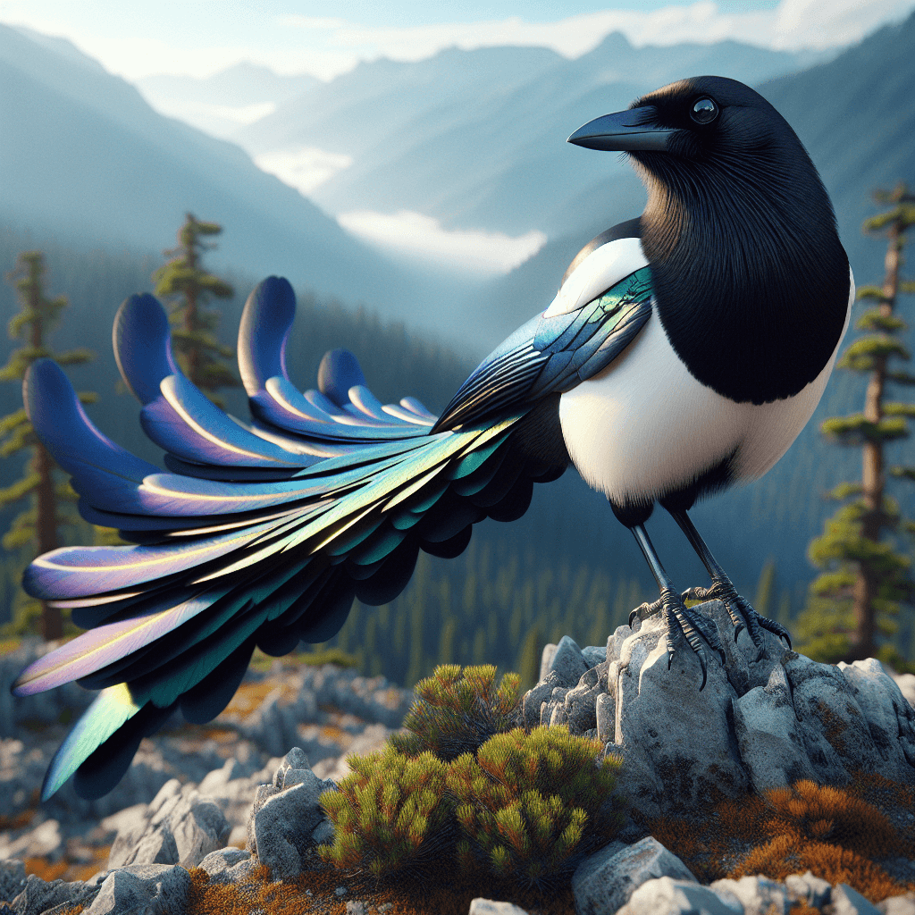 A large black and white bird with an exceptionally long, dark tail perched on a fence post, showing its black head and wings contrasting sharply with white belly and shoulder patches, and displaying the blue-green sheen on its tail feathers