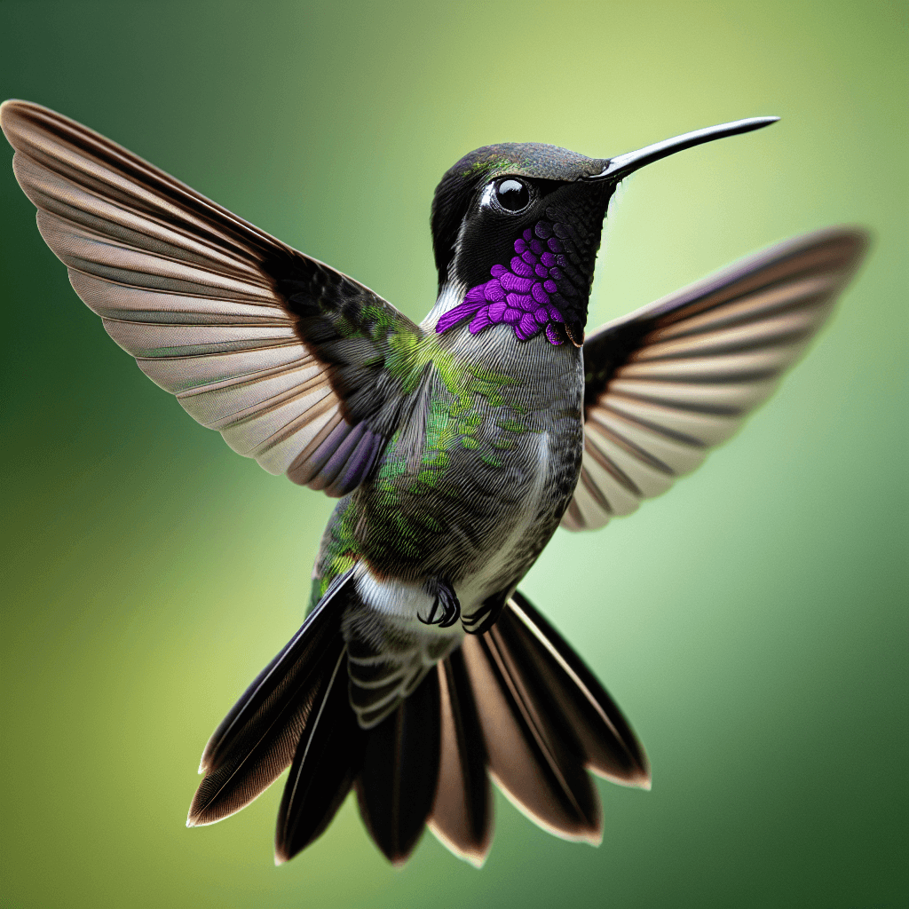 A tiny hummingbird with metallic green upperparts, the male showing a distinctive black throat patch with a thin band of purple iridescence at the bottom edge, white breast, and a straight dark bill