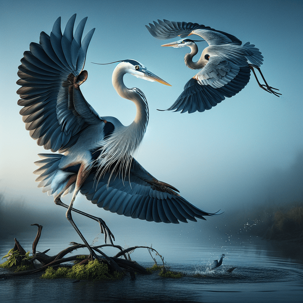 A tall, elegant bird standing in shallow water with blue-gray feathers, a long sharp yellow bill, black crown stripes, long dark legs, and distinctive black shoulder patches contrasting with its pale neck and body
