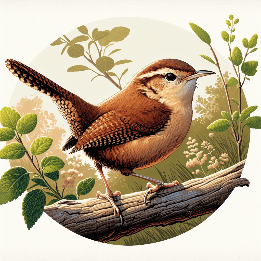 A small brown bird with subtle darker barring on its wings and tail, perched with its tail held upright at an angle, showing plain grayish-brown underparts and a slightly curved bill