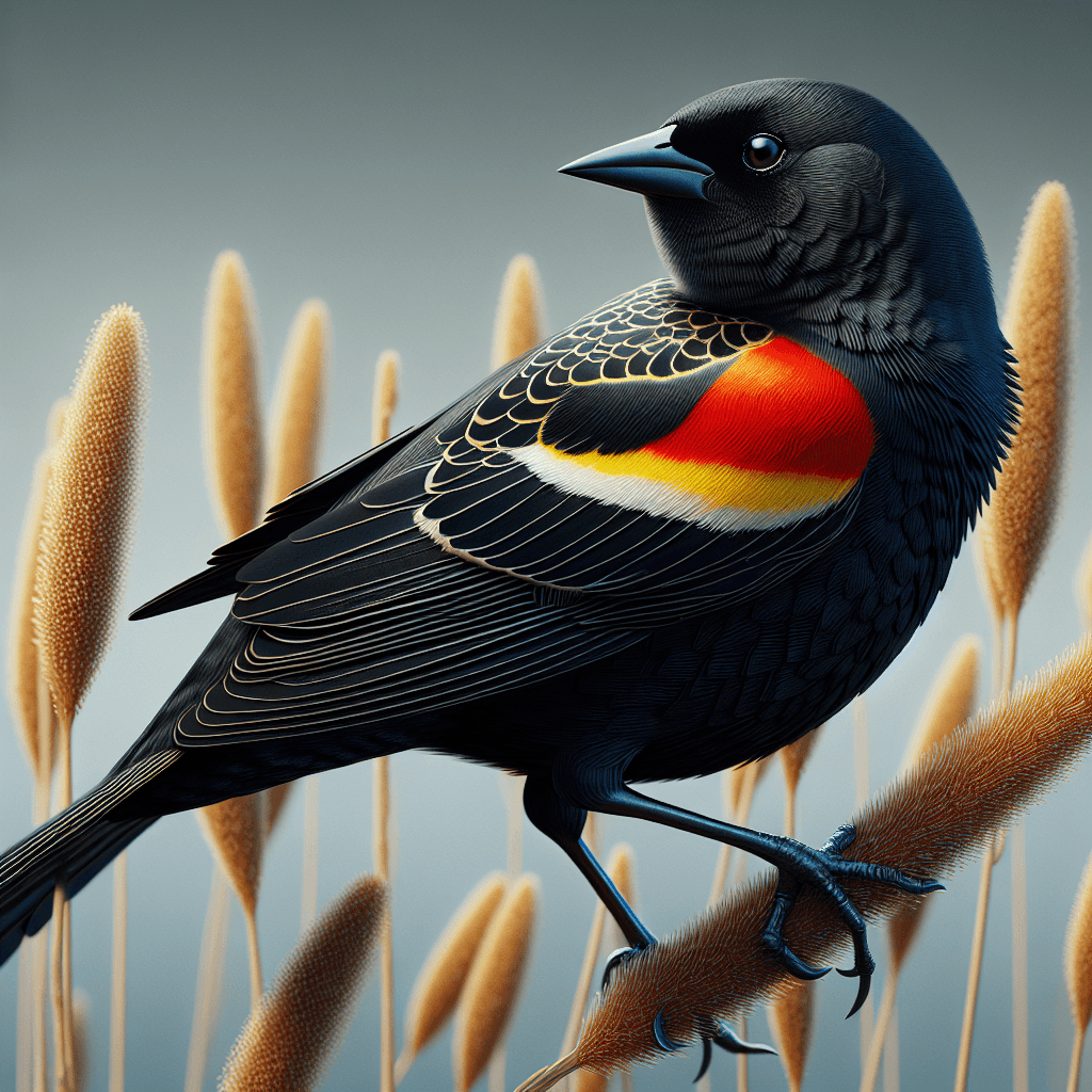 A glossy black male Red-winged Blackbird perched on a cattail stalk, displaying bright red shoulder patches with yellow borders, surrounded by marsh vegetation