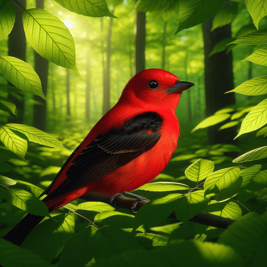 A medium-sized songbird perched on a branch showing bright scarlet-red body plumage contrasting sharply with solid black wings and tail, displaying a thick pale-colored bill and dark eyes