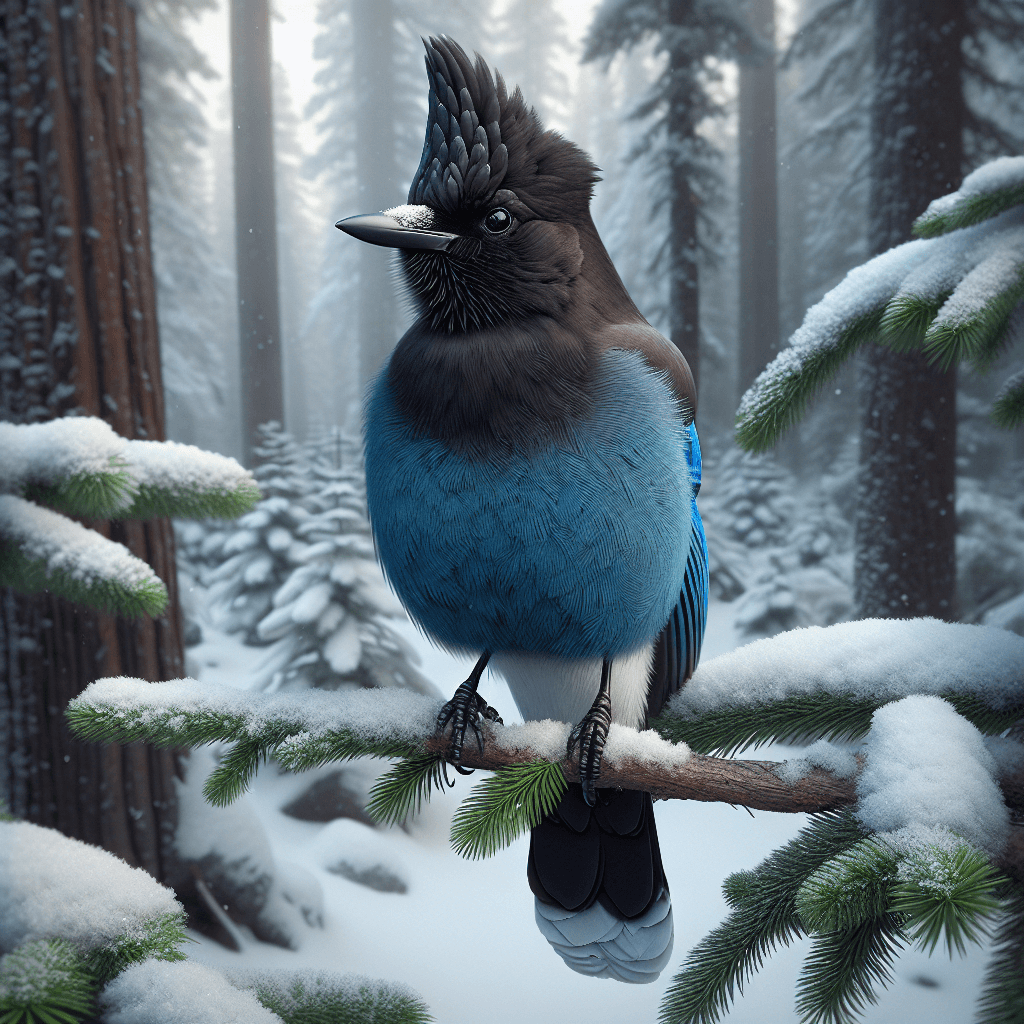 A medium-sized jay perched on a conifer branch, showing brilliant blue body plumage contrasting sharply with its jet-black head and prominent pointed crest, with subtle white markings above the eye and black barring visible on the blue wings