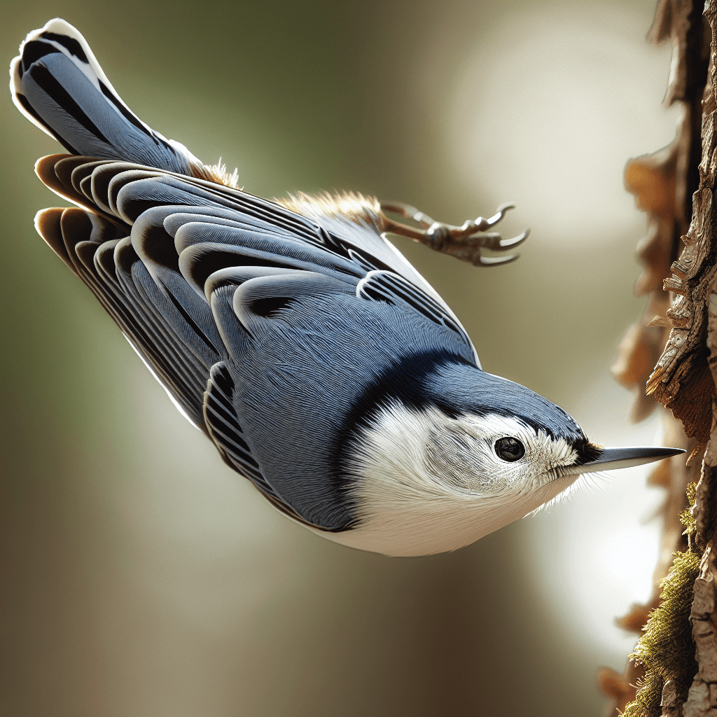 A small blue-gray and white bird clinging to tree bark in a head-down position, with a black cap, white face, and straight pointed bill
