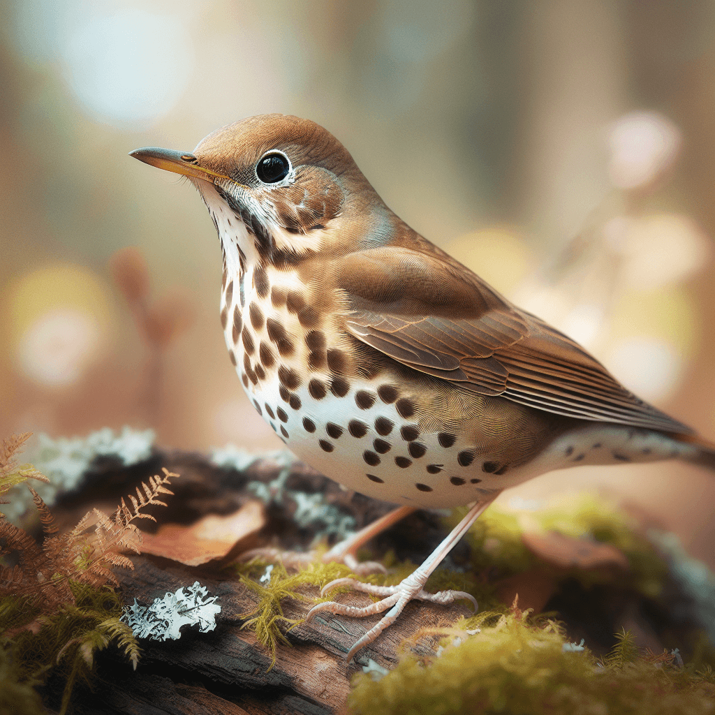 A small brown thrush with olive-brown upperparts and rusty tail perched on a coniferous branch, showing its spotted white breast and distinctive yellow-orange lower bill against a backdrop of high-elevation fir forest