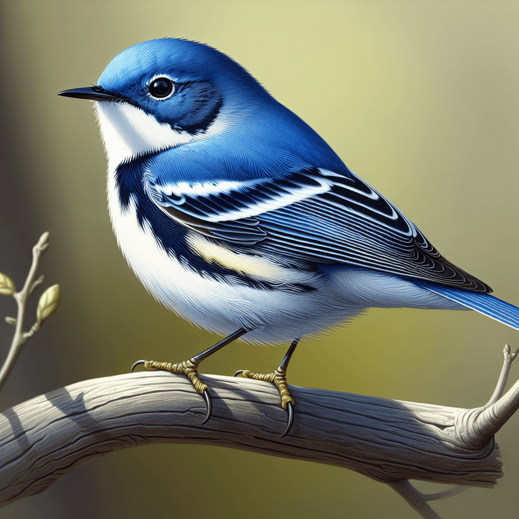 A small blue and white songbird perched on a tree branch, showing brilliant sky-blue upperparts, clean white underparts, and a distinctive dark blue band across the chest indicating this is a male Cerulean Warbler