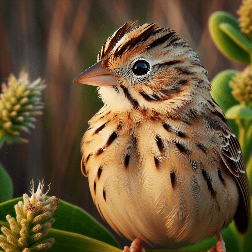 A small brown sparrow with streaked upperparts and plain buffy breast perched low in sparse prairie grass, showing its characteristic flat-headed profile and short tail
