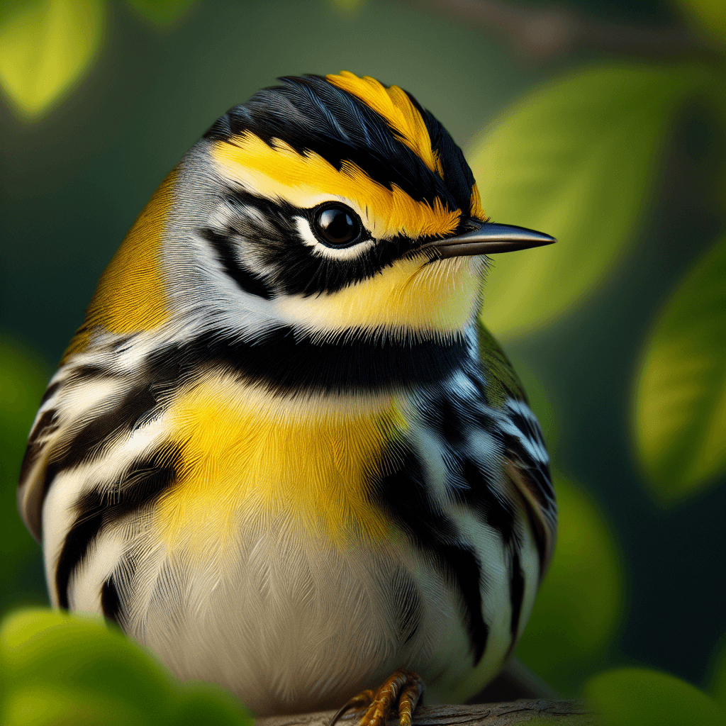 A small warbler perched on a juniper branch, showing the male's brilliant golden-yellow cheek patch and face contrasting with jet-black throat and crown, white underparts with black side streaking, and olive-green back
