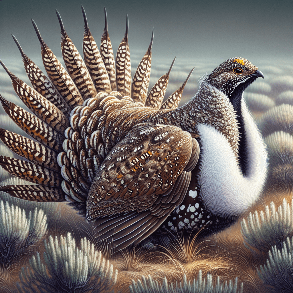 A stocky, chicken-like bird with intricate brown, gray, and white mottled plumage stands among low sagebrush plants, with males displaying prominent yellow throat sacs during breeding season