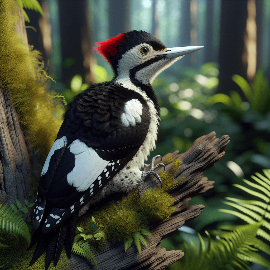 A large black and white woodpecker with a prominent ivory-colored bill clinging to the trunk of a massive cypress tree, showing the distinctive white wing patches and red crest of a male bird