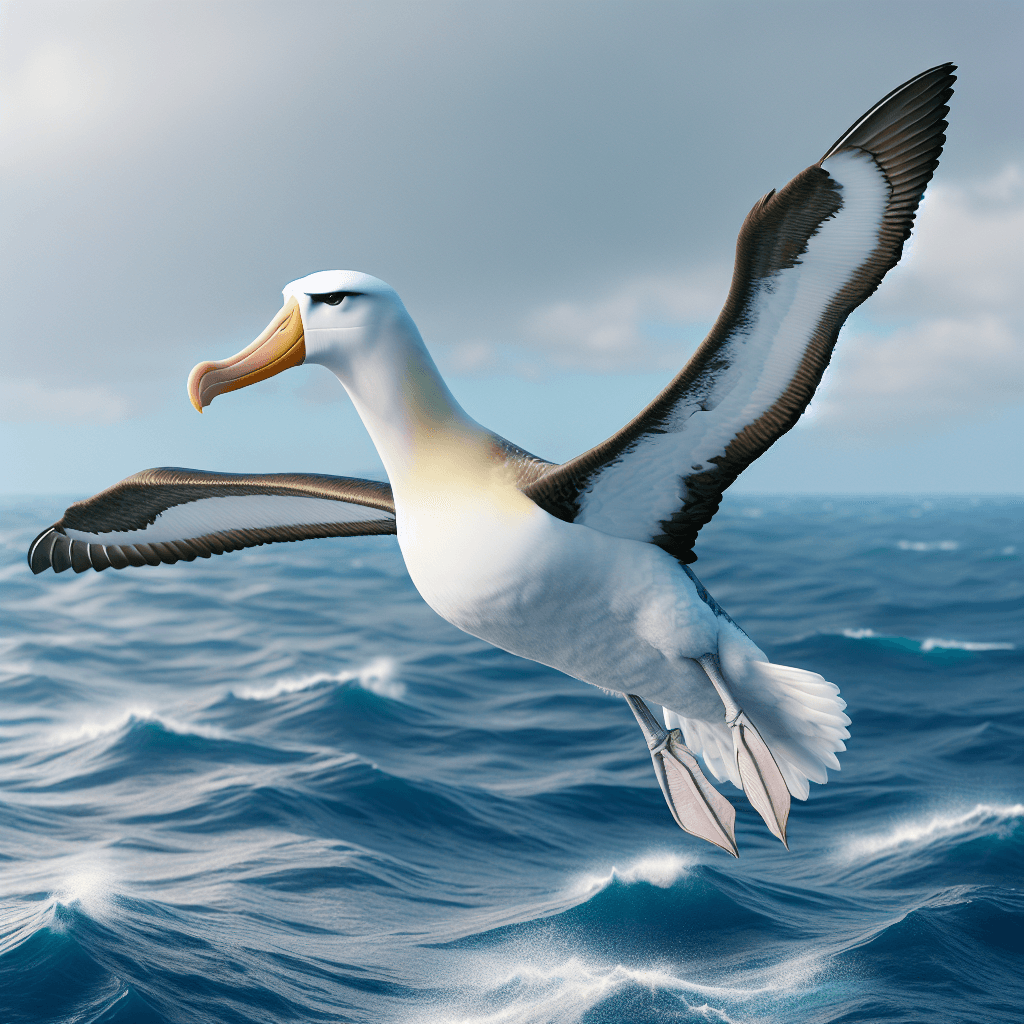 A large white seabird with dark gray wings and back stands on sandy ground, showing its distinctive yellow-orange hooked bill and dark eye patch against its white head and neck