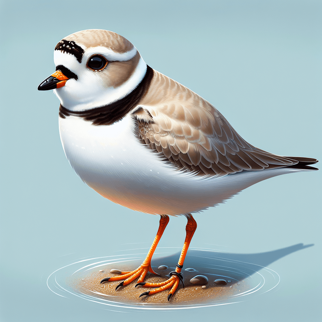 A small, pale brown and white shorebird standing on sandy beach, showing distinctive black collar across chest and black stripe across forehead, with bright orange legs and partially orange bill
