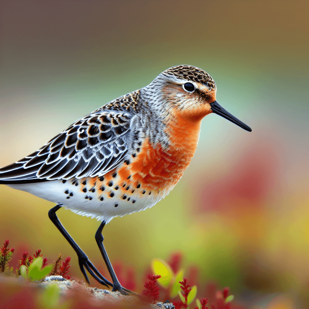 A stocky sandpiper with bright rusty-red head, neck and underparts standing on wet sand, showing its straight dark bill and short yellowish legs characteristic of breeding plumage Red Knot