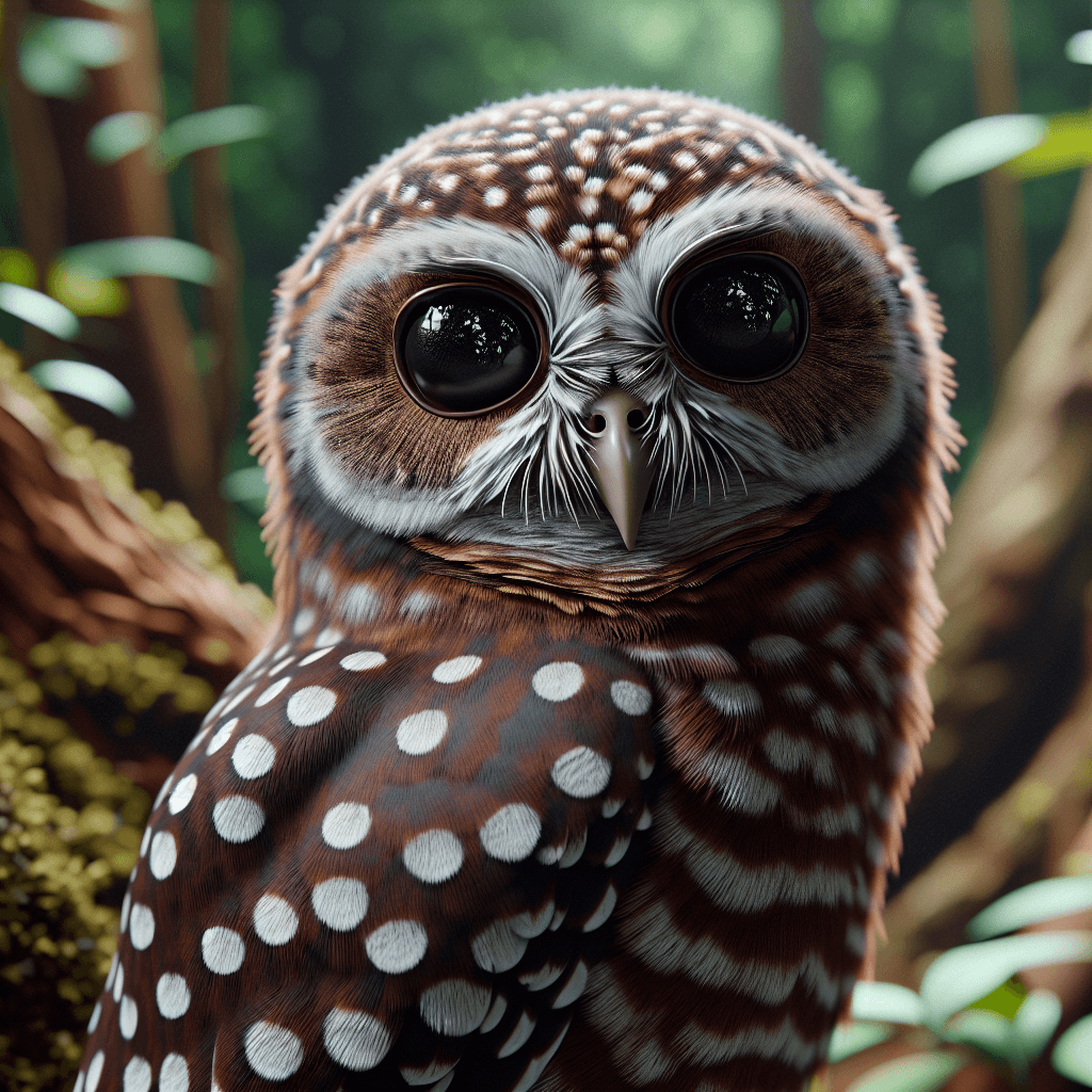 A medium-sized brown owl perched on a tree branch, with distinctive white spots across its dark brown feathers, large dark eyes, and a rounded head without ear tufts, set against the backdrop of a dense coniferous forest