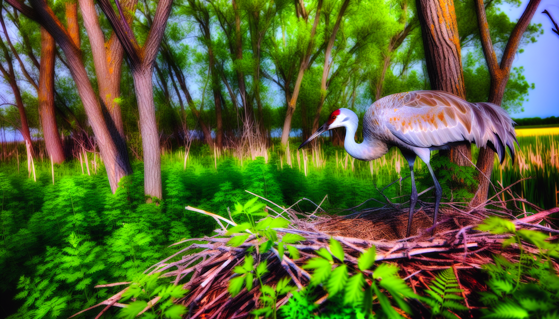 sandhill crane in natural habitat - AI generated illustration for article about The Dancing Cranes: A Complete Guide to Sandhill Crane Breeding and Nesting Habits